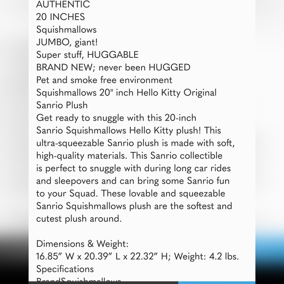 Squishmallows 20” Hello Kitty Plush holding hamburger NWT - Picture 7 of 7